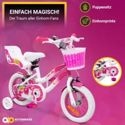 Actionbikes Kinderfahrrad Unicorn 12 Zoll, Pink, Einhorn-Design, Puppensitz, Stützräder, Fahrradkorb