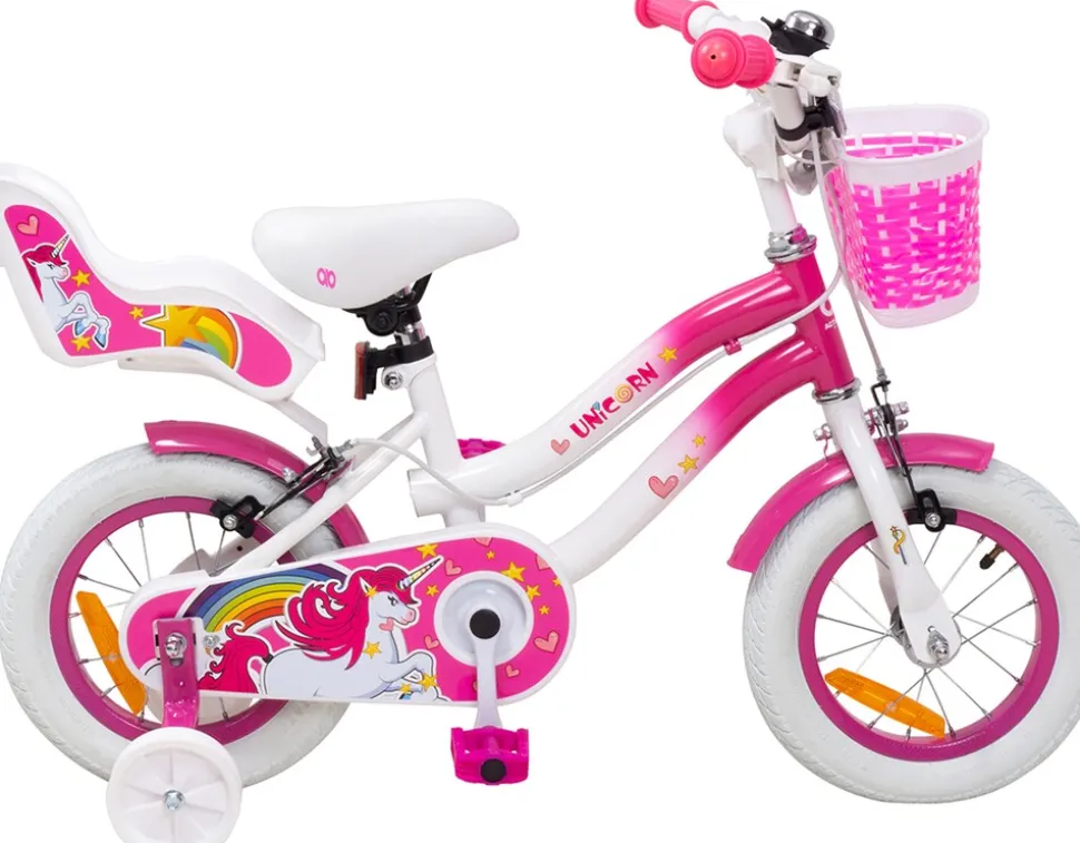 Actionbikes Kinderfahrrad Unicorn 12 Zoll, Pink, Einhorn-Design, Puppensitz, Stützräder, Fahrradkorb