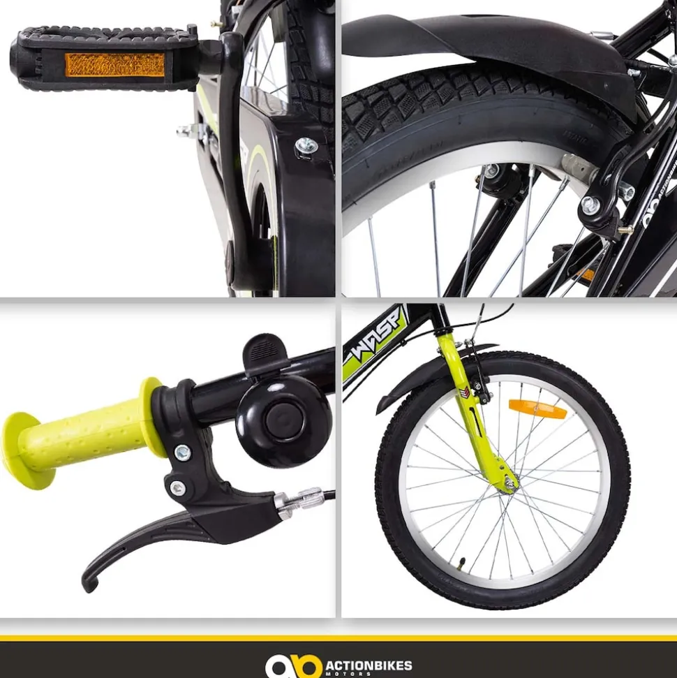 Actionbikes Kinderfahrrad Wasp 20 Zoll, Fahrradständer, Schutzbleche, verstellbar, V-Brake-Bremsen (Schwarz-Grün)