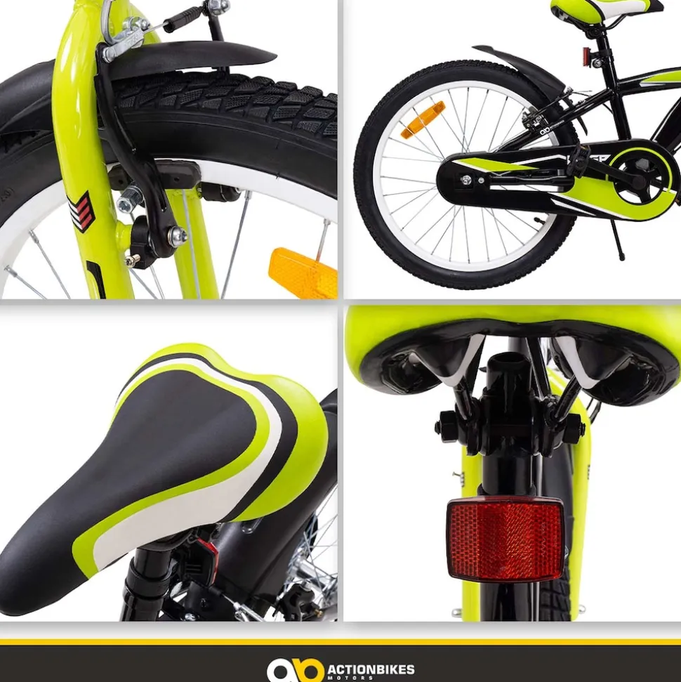 Actionbikes Kinderfahrrad Wasp 20 Zoll, Fahrradständer, Schutzbleche, verstellbar, V-Brake-Bremsen (Schwarz-Grün)