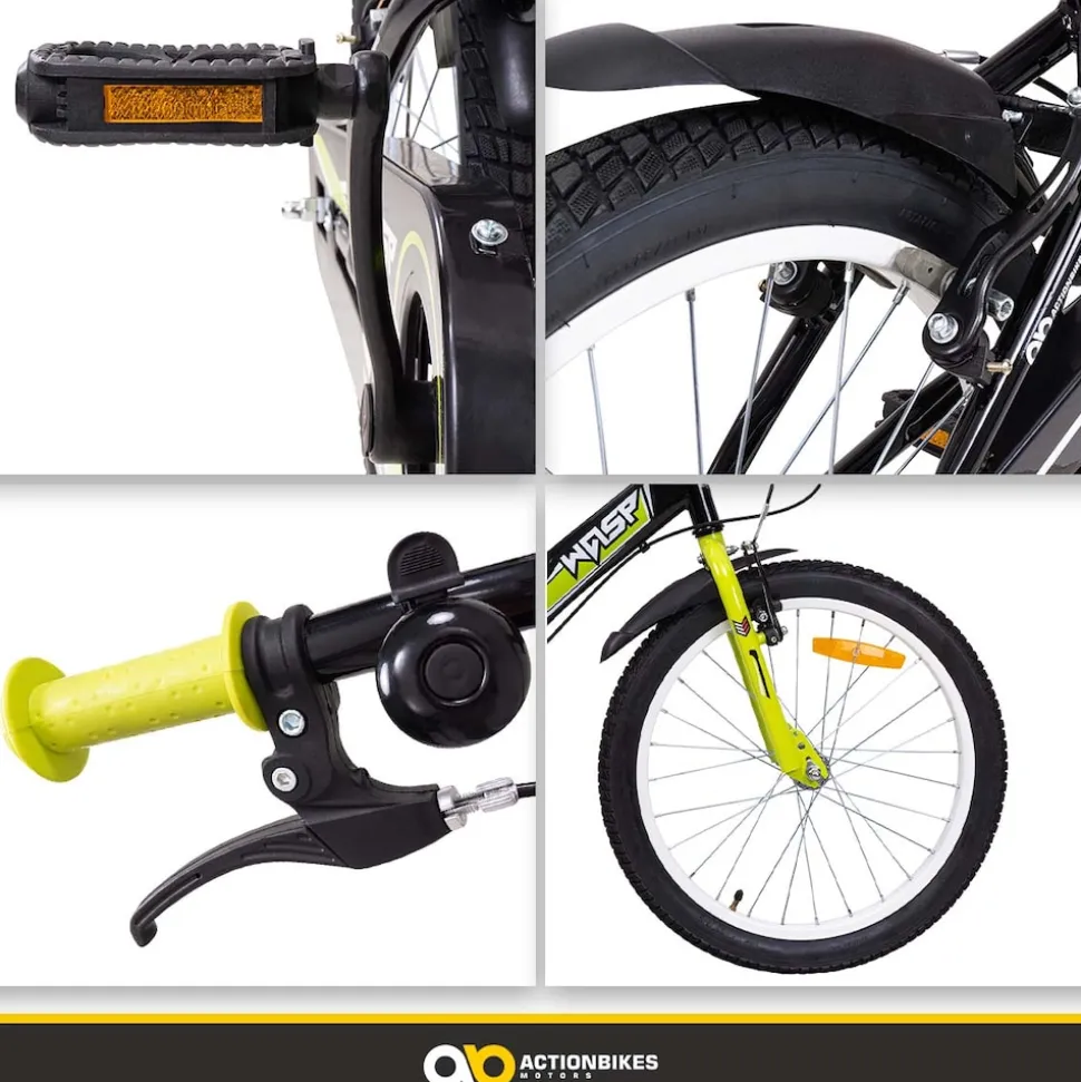 Actionbikes Kinderfahrrad Wasp 20 Zoll, Fahrradständer, Schutzbleche, verstellbar, V-Brake-Bremsen (Schwarz-Grün)