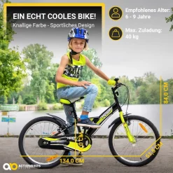 Actionbikes Kinderfahrrad Wasp 20 Zoll, Fahrradständer, Schutzbleche, verstellbar, V-Brake-Bremsen (Schwarz-Grün)