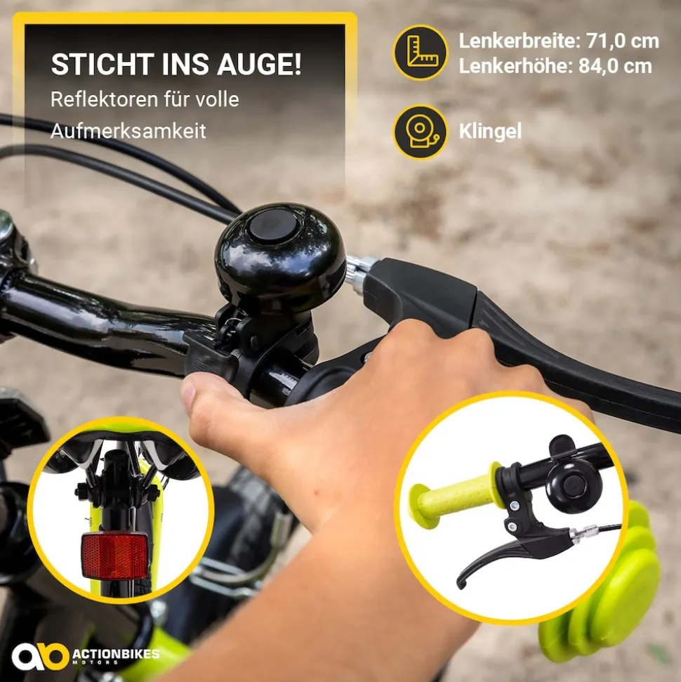 Actionbikes Kinderfahrrad Wasp 20 Zoll, Fahrradständer, Schutzbleche, verstellbar, V-Brake-Bremsen (Schwarz-Grün)