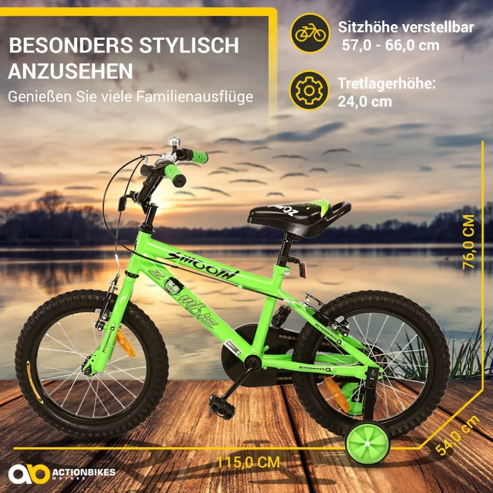 Actionbikes Kinderfahrrad Zombie 16 Zoll, V-Brake-Bremsen, höhenverstellbar, Stützräder, Reflektoren