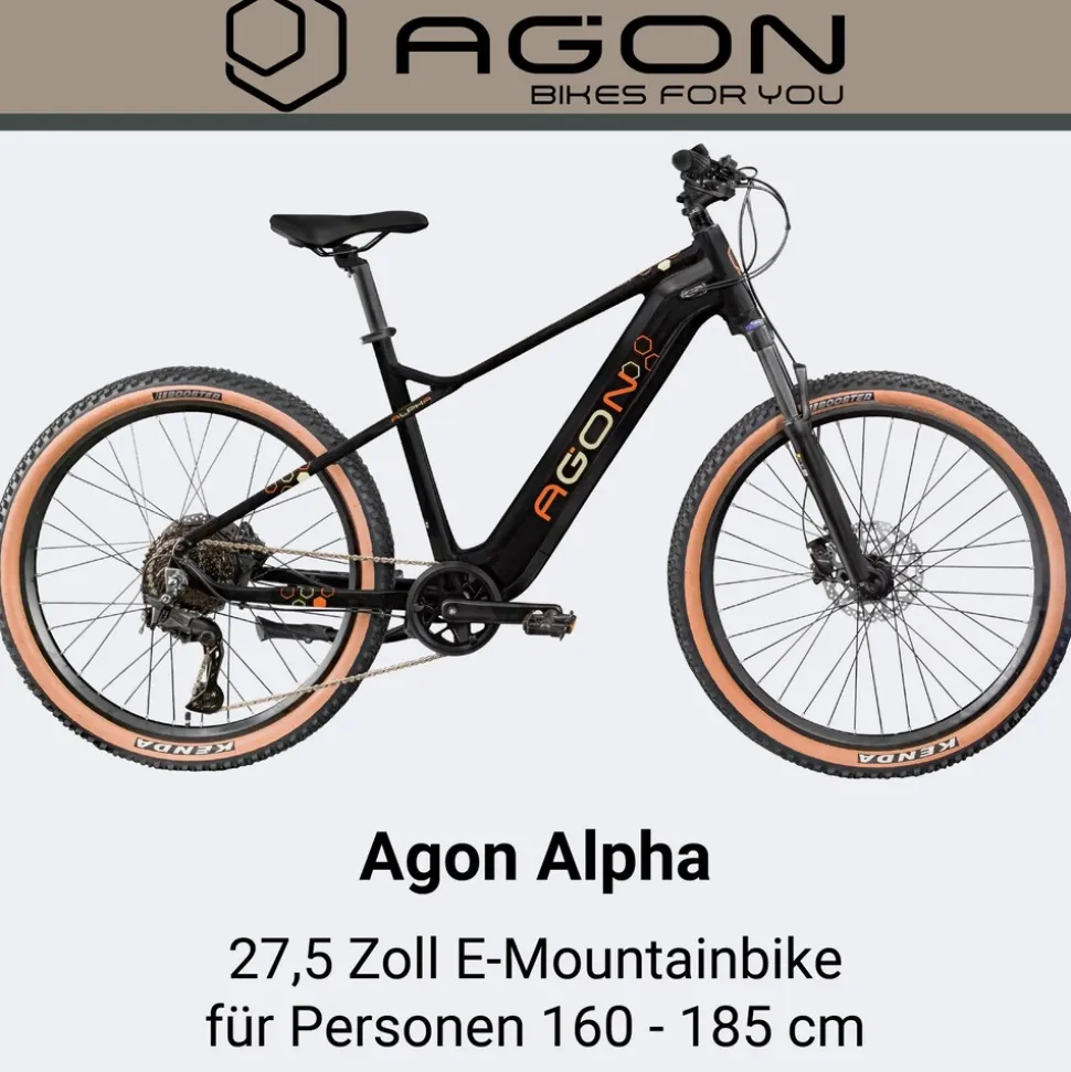 Agon Alpha E Bike Mountainbike Herren 160 - 185 cm Pedelec 27,5 Zoll Hardtail MTB Trail mit Ananda Motor 10 Gang 540 Wh