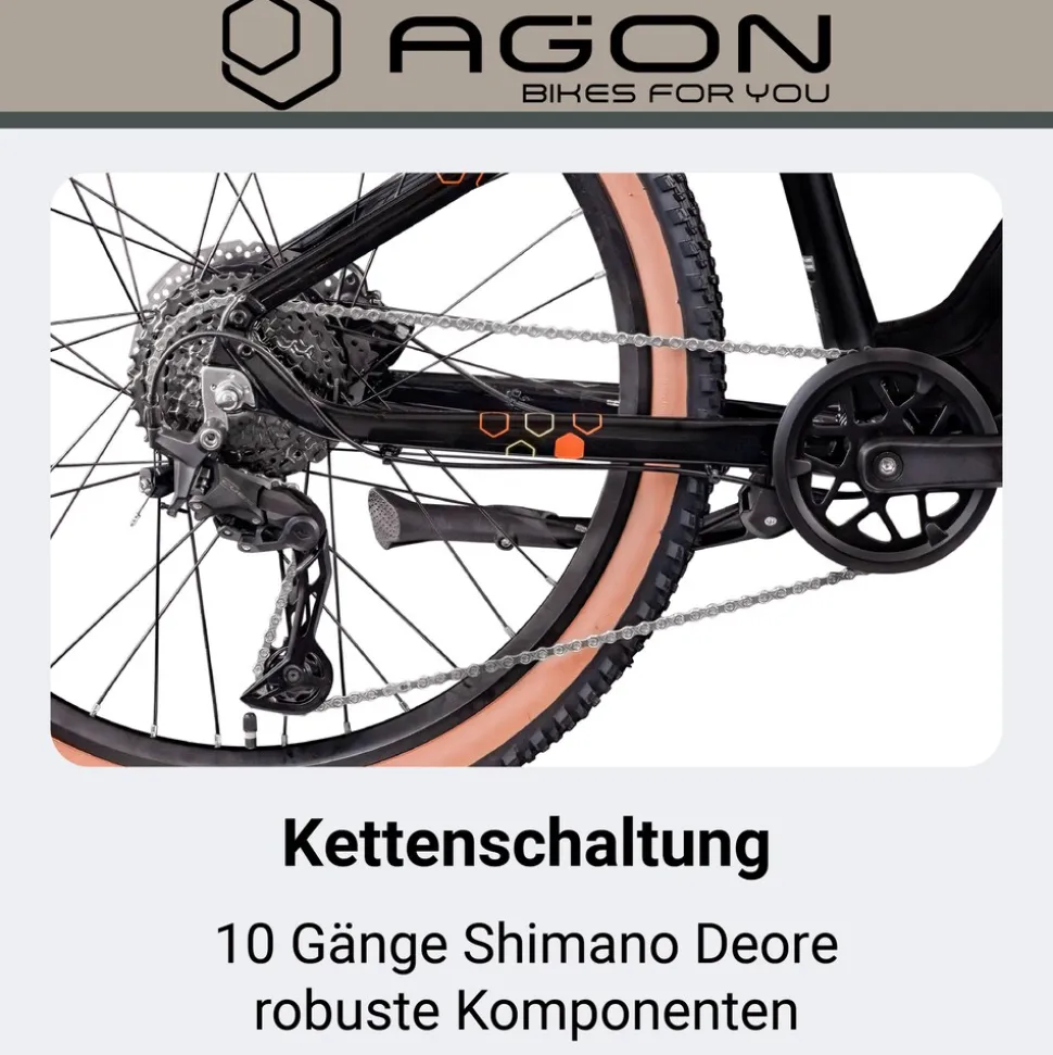 Agon Alpha E Bike Mountainbike Herren 160 - 185 cm Pedelec 27,5 Zoll Hardtail MTB Trail mit Ananda Motor 10 Gang 540 Wh