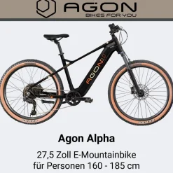 Agon Alpha E Bike Mountainbike Herren 160 - 185 cm Pedelec 27,5 Zoll Hardtail MTB Trail mit Ananda Motor 10 Gang 540 Wh