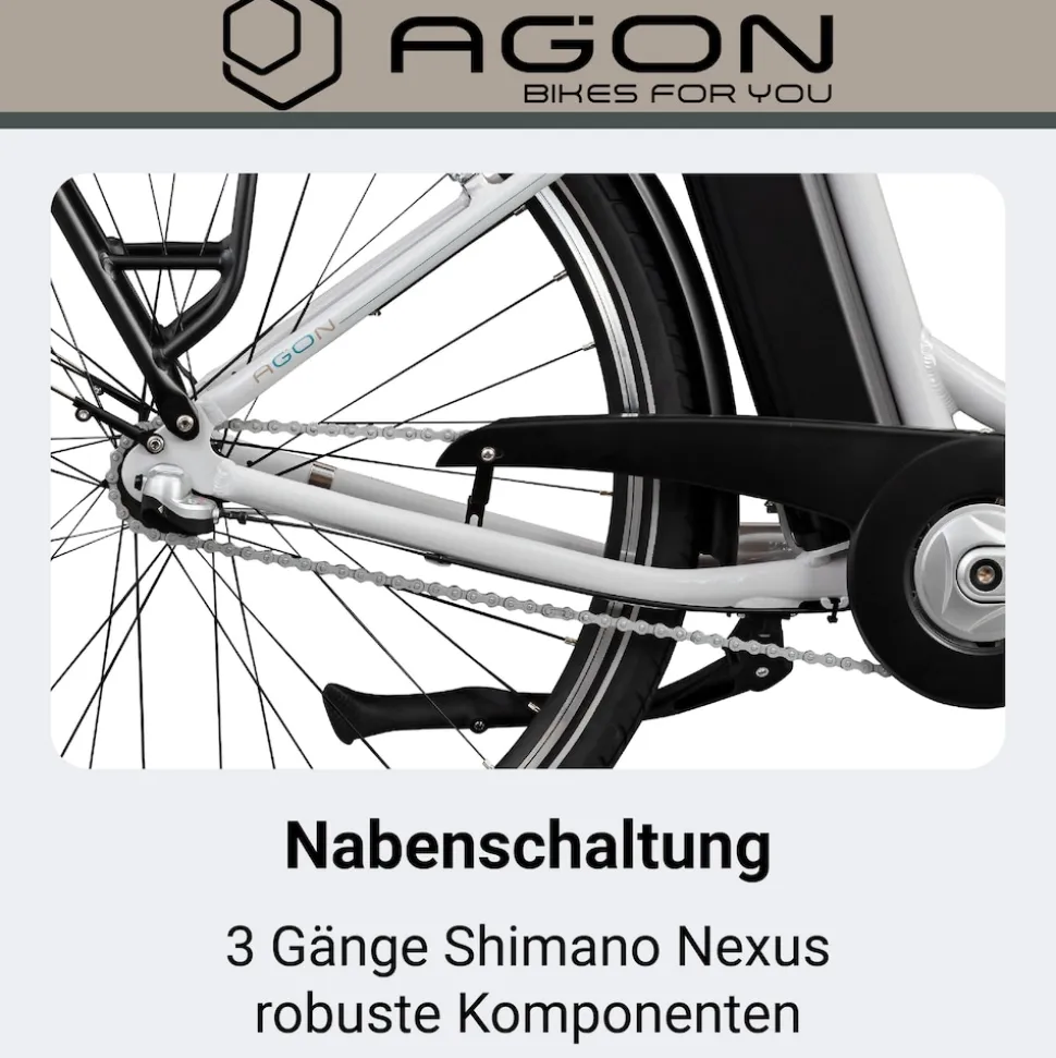 Agon Aurora 28 Zoll E-Bike 28 Zoll Citybike bis 130 km Damen Herren 150 - 175 cm Pedelec Elektrofahrrad 3 Gang und Beleuchtung StVZO