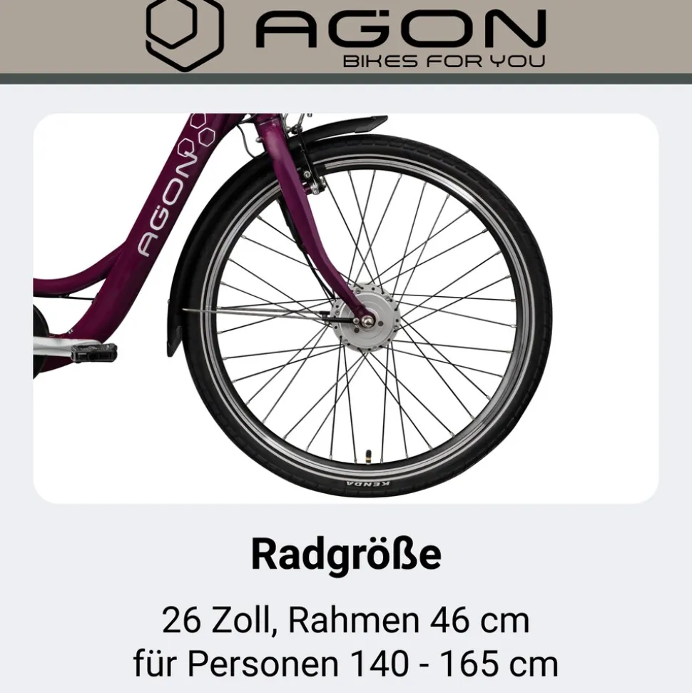 Agon Axis E-Bike 26 Zoll Citybike Damen Herren 140 - 165 cm Pedelec mit Nabenmotor Fahrrad 3 Gang und Beleuchtung StVZO