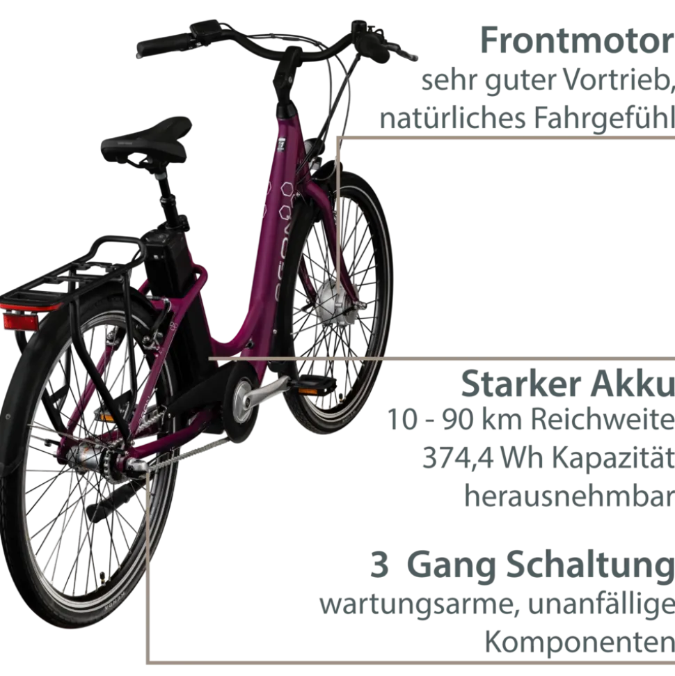 Agon Axis E-Bike 26 Zoll Citybike Damen Herren 140 - 165 cm Pedelec mit Nabenmotor Fahrrad 3 Gang und Beleuchtung StVZO