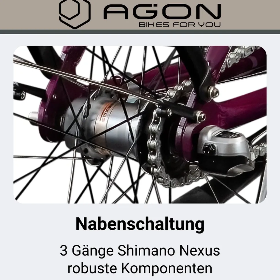 Agon Axis E-Bike 26 Zoll Citybike Damen Herren 140 - 165 cm Pedelec mit Nabenmotor Fahrrad 3 Gang und Beleuchtung StVZO