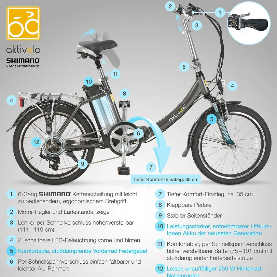 aktivelo Alu-Elektro-Faltrad Klapprad »Sport«, 20 Zoll