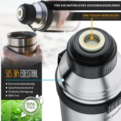 Arendo Isolierflasche, Edelstahl, BPA-frei, hält warm & kalt, 1 Liter