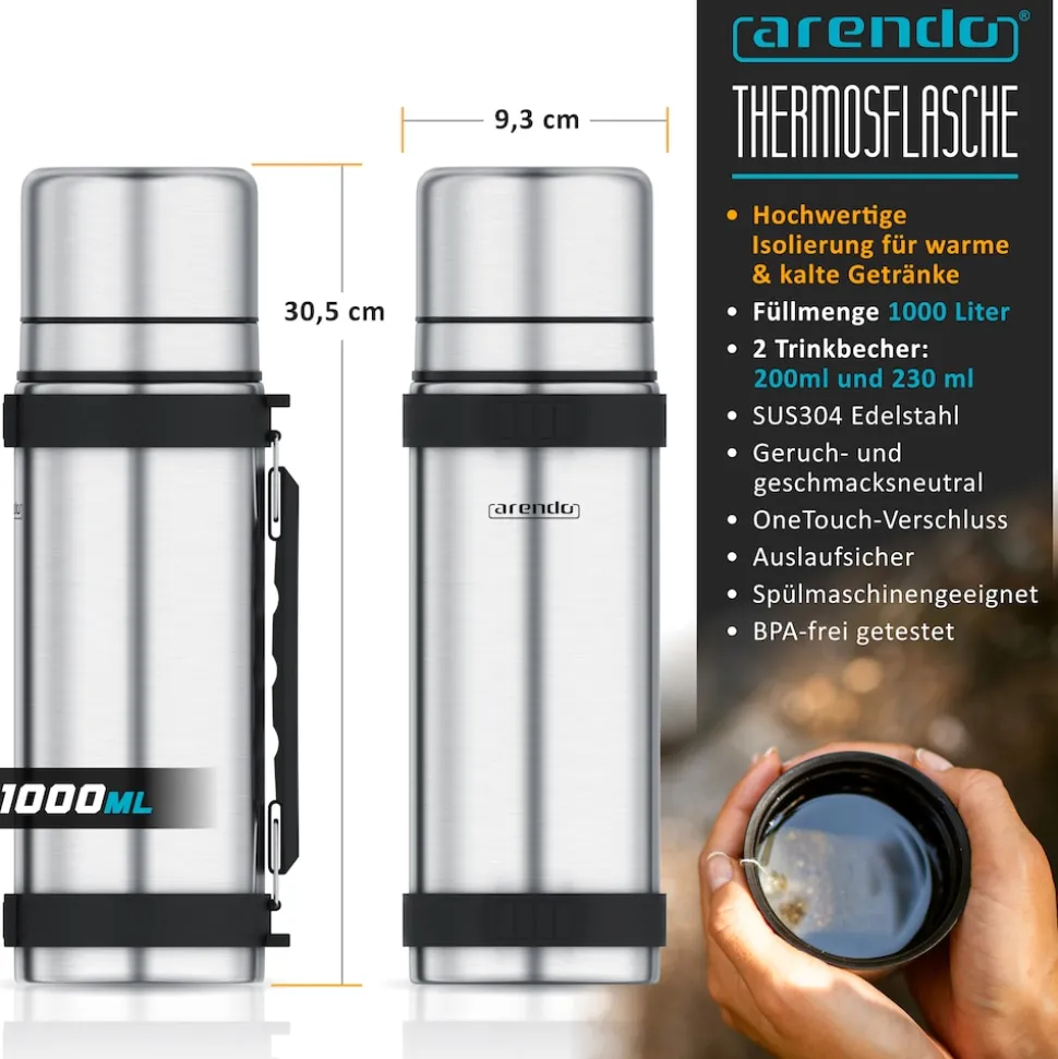 Arendo Isolierflasche, Edelstahl, BPA-frei, hält warm & kalt, 1 Liter