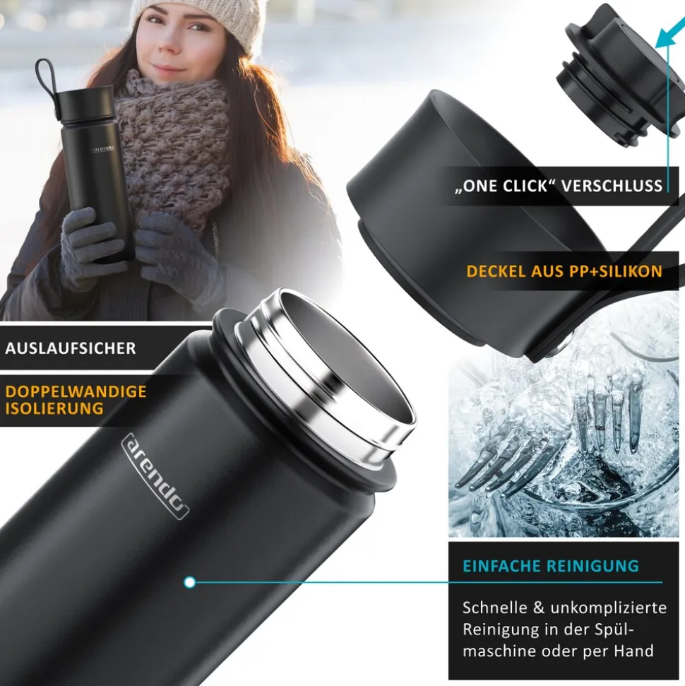 Arendo Thermoflasche 0,5 l, Edelstahl Isolierflasche, BPA-frei, für unterwegs, geschmacksneutral, hält kalt & warm
