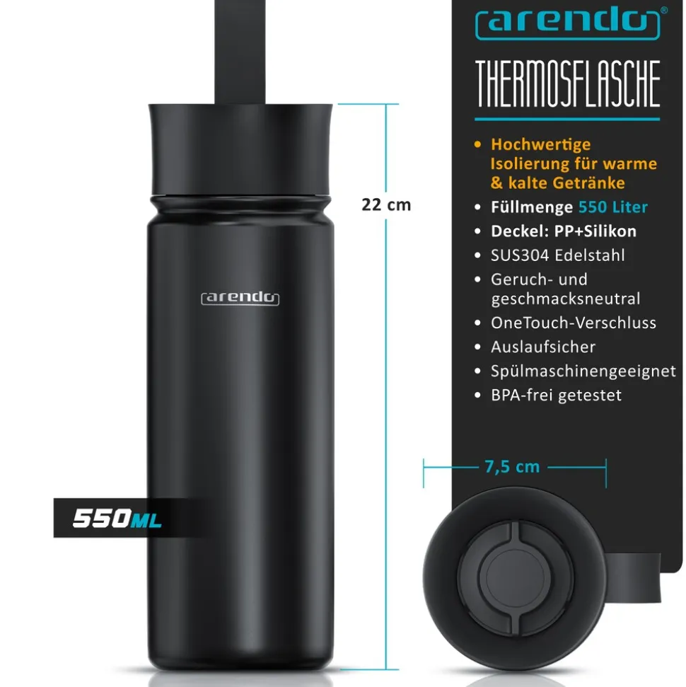 Arendo Thermoflasche 0,5 l, Edelstahl Isolierflasche, BPA-frei, für unterwegs, geschmacksneutral, hält kalt & warm
