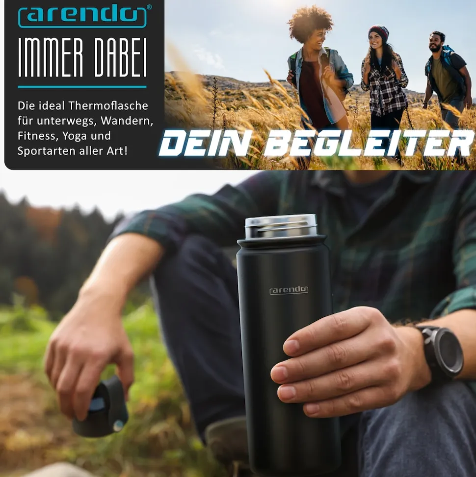 Arendo Thermoflasche 0,5 l, Edelstahl Isolierflasche, BPA-frei, für unterwegs, geschmacksneutral, hält kalt & warm