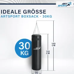 ArtSport Boxsack 30kg gefüllt, Box Set mit Stahlkette & Karabinerhaken für Erwachsene Schwarz