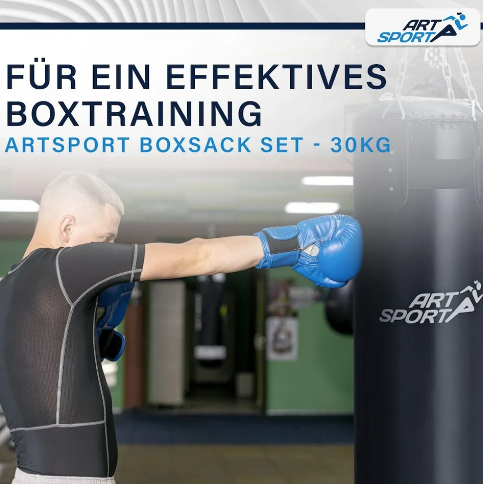 ArtSport Boxsack 30kg gefüllt, Box Set mit Stahlkette & Karabinerhaken für Erwachsene Schwarz