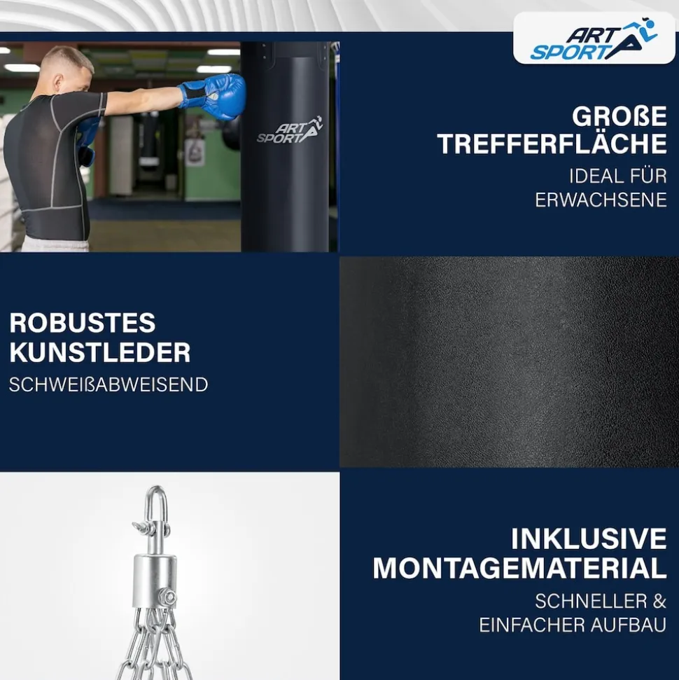 ArtSport Boxsack 30kg gefüllt, Box Set mit Stahlkette & Karabinerhaken für Erwachsene Schwarz
