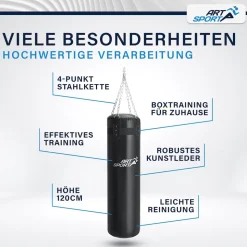 ArtSport Boxsack 30kg gefüllt, Box Set mit Stahlkette & Karabinerhaken für Erwachsene Schwarz