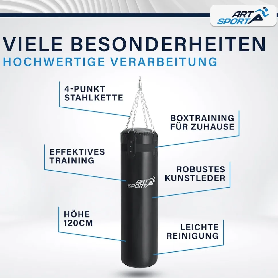 ArtSport Boxsack 30kg gefüllt, Box Set mit Stahlkette & Karabinerhaken für Erwachsene Schwarz