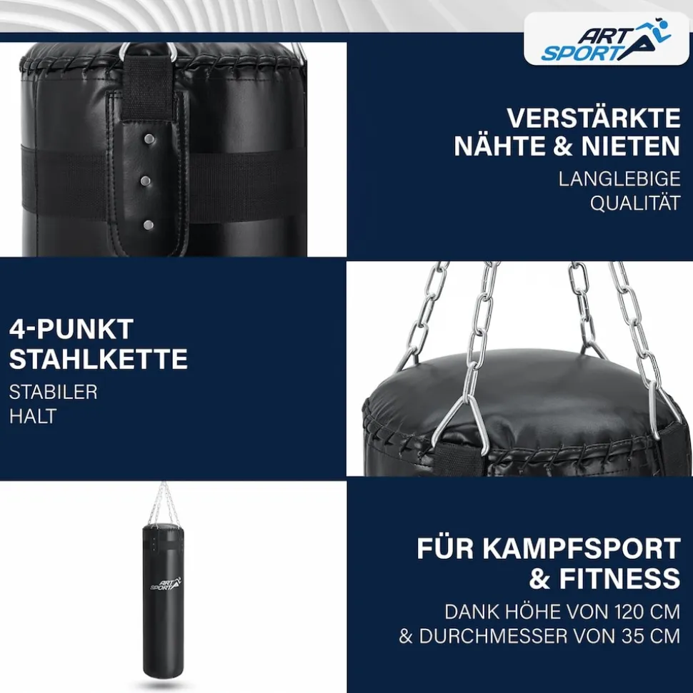ArtSport Boxsack 30kg gefüllt, Box Set mit Stahlkette & Karabinerhaken für Erwachsene Schwarz