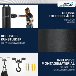 ArtSport Boxsack Set gefüllt – Kinder Boxset 10 kg mit Boxhandschuhen, Bandagen, Deckenhalterung
