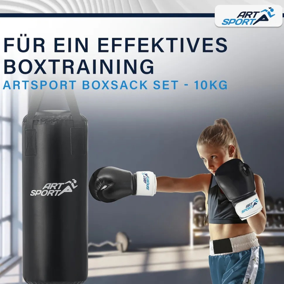 ArtSport Boxsack Set gefüllt – Kinder Boxset 10 kg mit Boxhandschuhen, Bandagen, Deckenhalterung