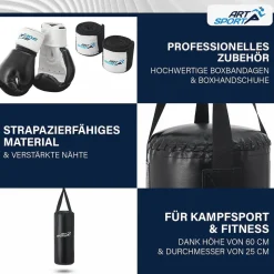 ArtSport Boxsack Set gefüllt – Kinder Boxset 10 kg mit Boxhandschuhen, Bandagen, Deckenhalterung