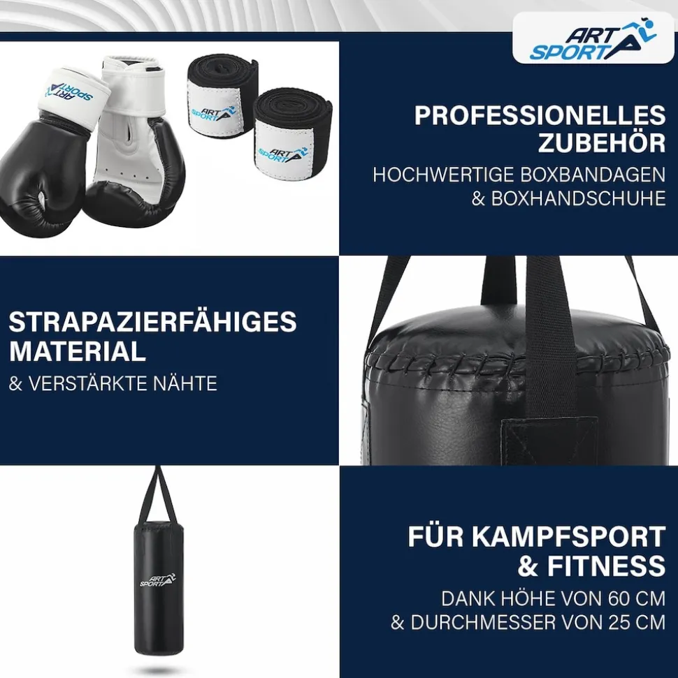 ArtSport Boxsack Set gefüllt – Kinder Boxset 10 kg mit Boxhandschuhen, Bandagen, Deckenhalterung