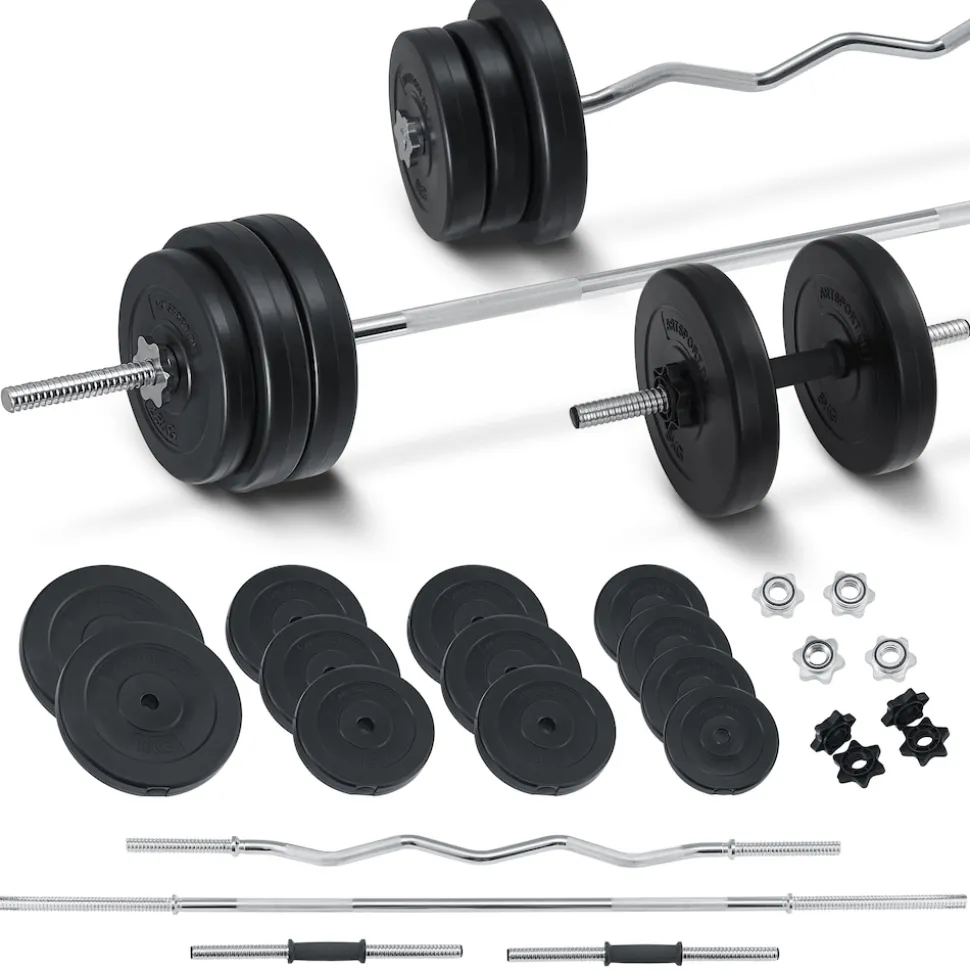 Artsport 3in1 Hantelset mit 2 Kurzhanteln, 1 Langhantel & 1 SZ Curlhantel – 12 Gewichte mit 60kg