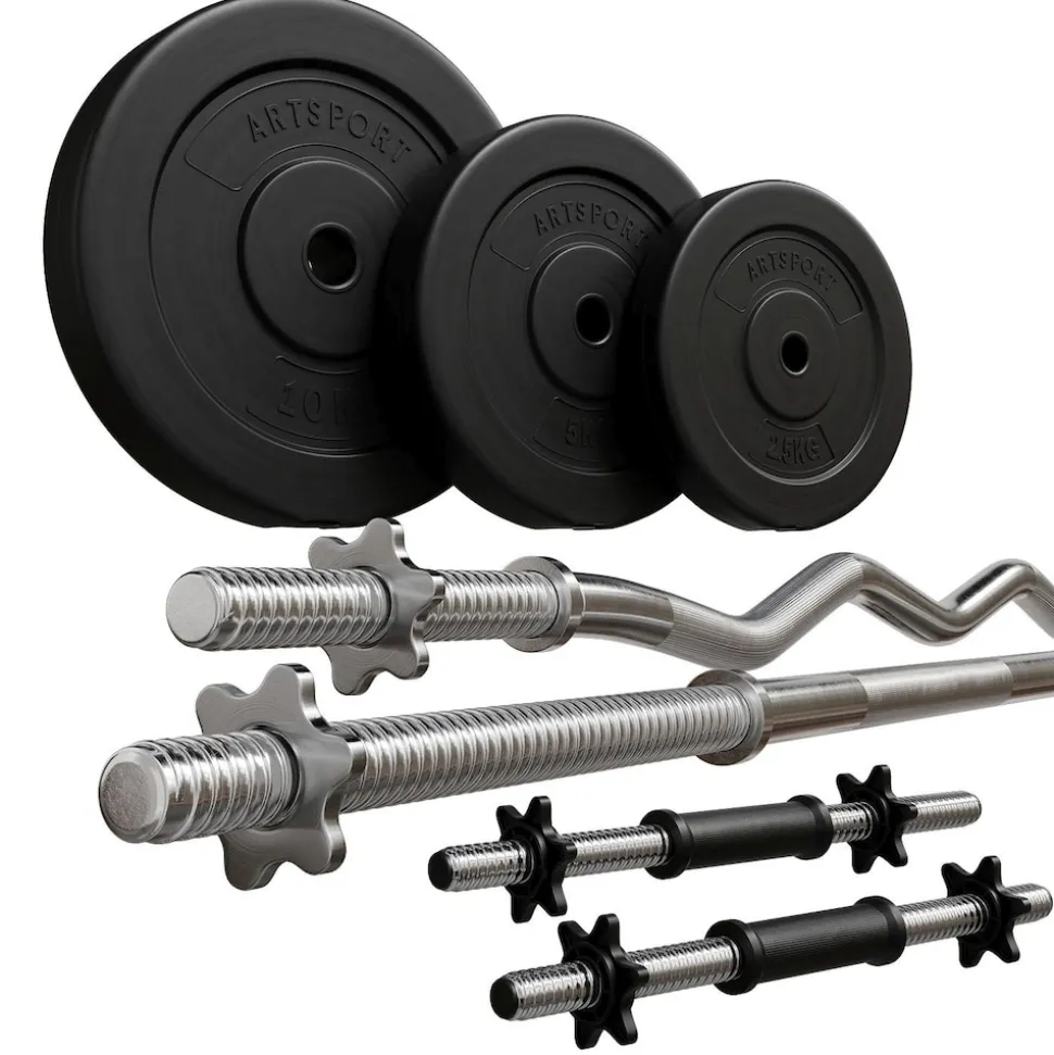 Artsport 3in1 Hantelset mit 2 Kurzhanteln, 1 Langhantel & 1 SZ Curlhantel – 12 Gewichte mit 60kg
