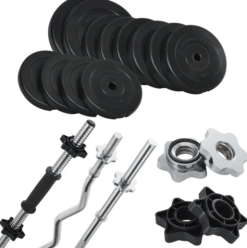 Artsport 3in1 Hantelset mit 2 Kurzhanteln, 1 Langhantel & 1 SZ Curlhantel – 12 Gewichte mit 60kg