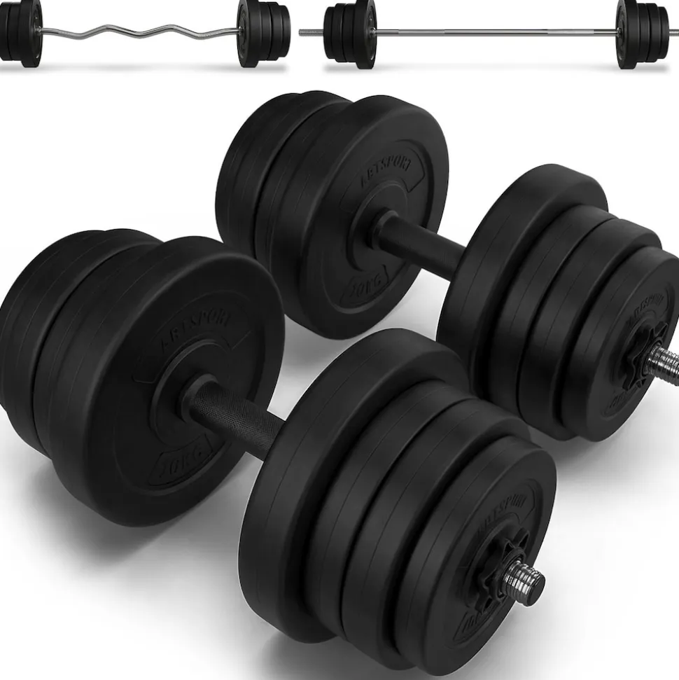 Artsport 3in1 Hantelset mit 2 Kurzhanteln, 1 Langhantel & 1 SZ Curlhantel – 12 Gewichte mit 60kg