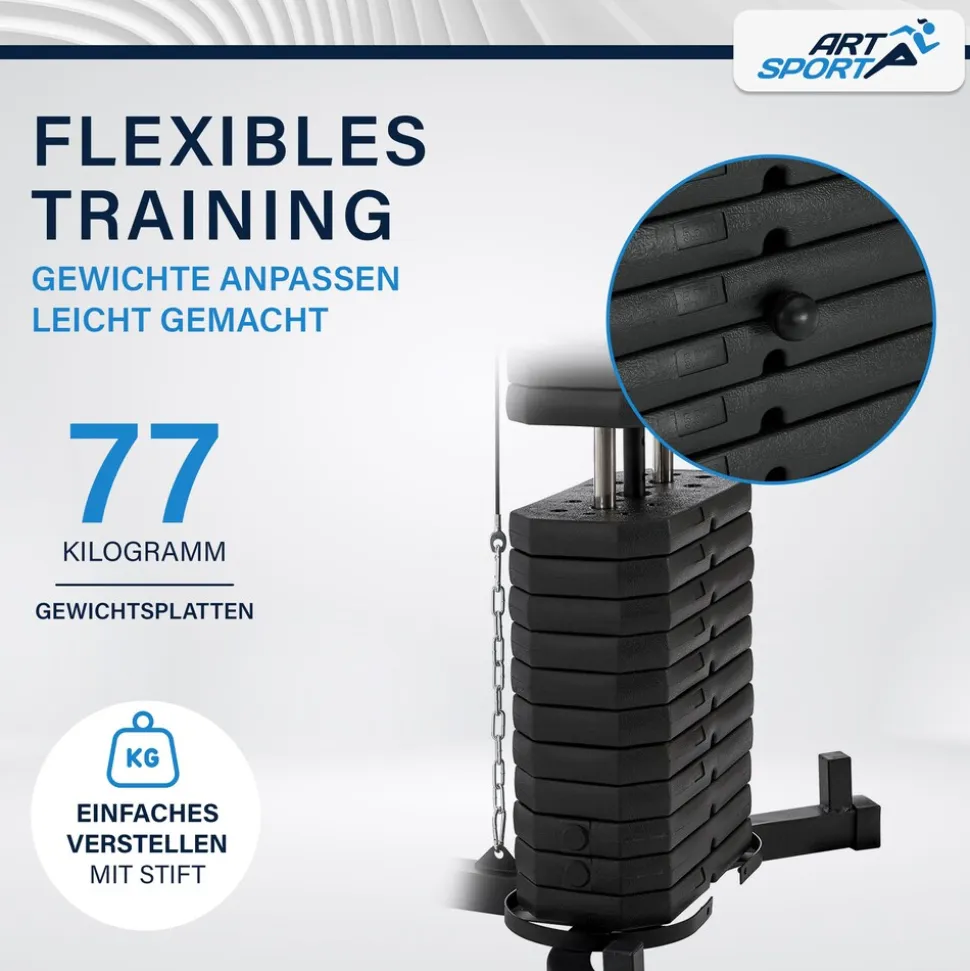 ArtSport Kraftstation ProfiGym 3000 mit 14 Gewichten, 77 kg - Bizeps, Lattzug, Butterfly - Schwarz