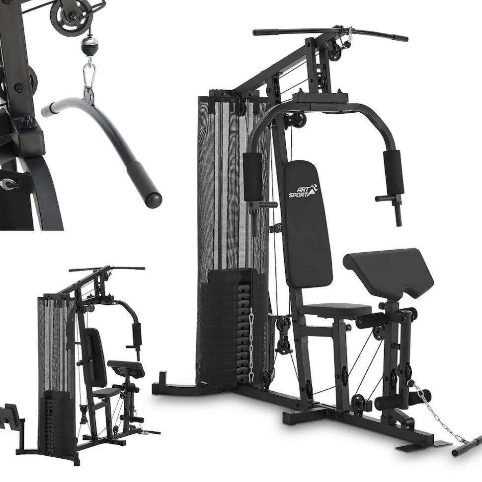 ArtSport Kraftstation ProfiGym 3000 mit 14 Gewichten, 77 kg - Bizeps, Lattzug, Butterfly - Schwarz