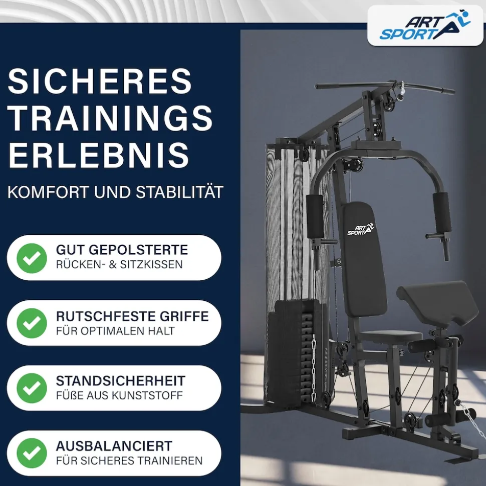 ArtSport Kraftstation ProfiGym 3000 mit 14 Gewichten, 77 kg - Bizeps, Lattzug, Butterfly - Schwarz