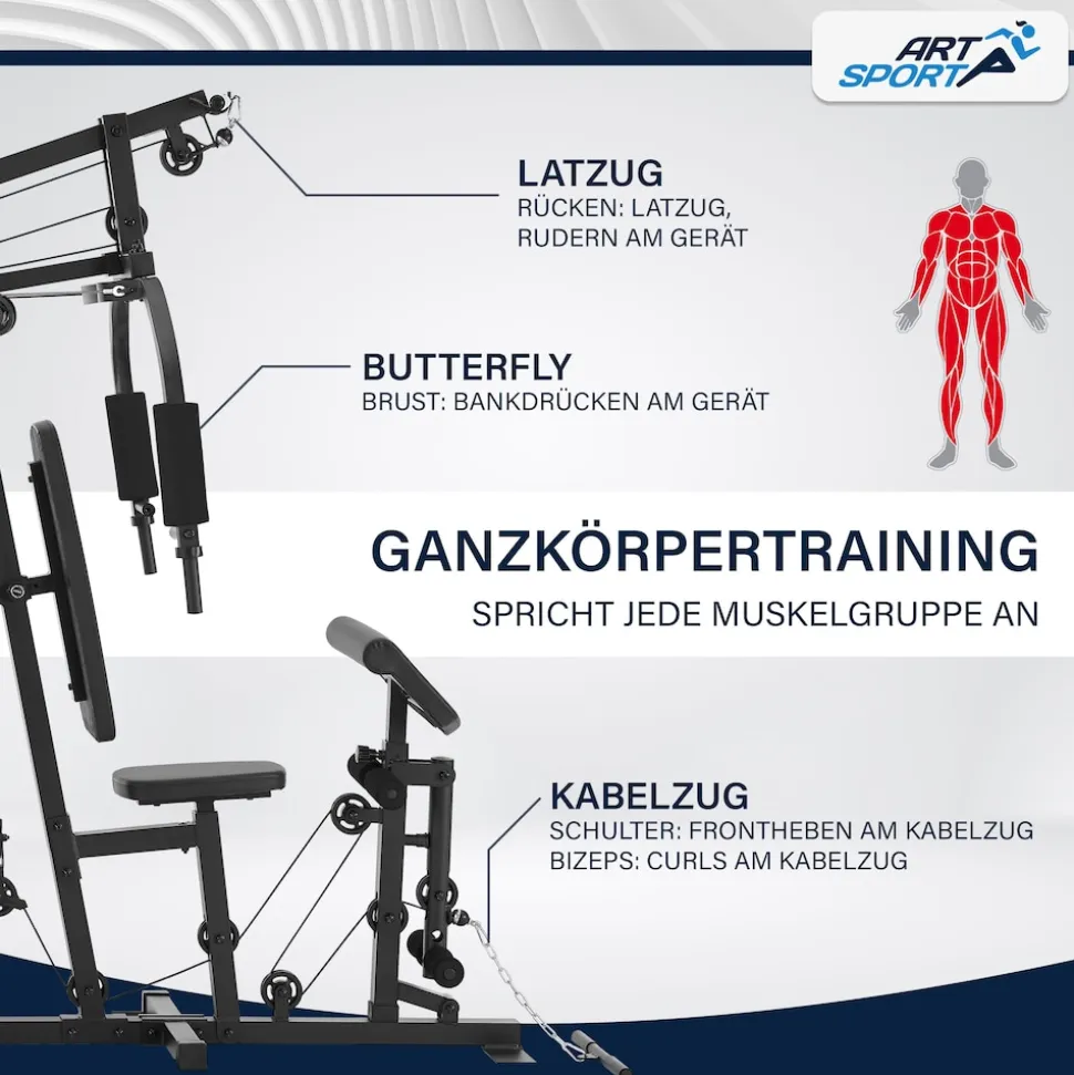 ArtSport Kraftstation ProfiGym 3000 mit 14 Gewichten, 77 kg - Bizeps, Lattzug, Butterfly - Schwarz