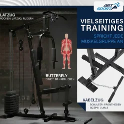 ArtSport Kraftstation ProfiGym 2000 Set mit Latzugstange, Butterflystange & Seilzug – 40kg Gewichte