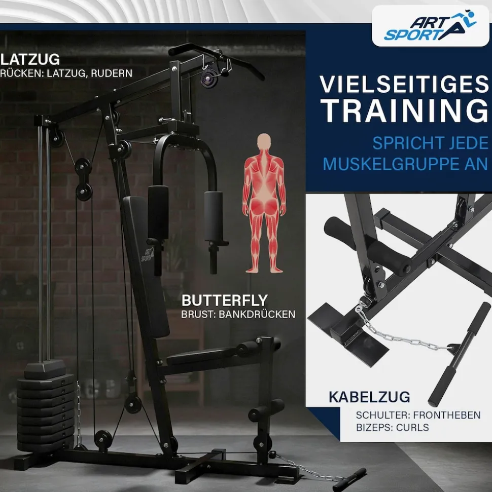ArtSport Kraftstation ProfiGym 2000 Set mit Latzugstange, Butterflystange & Seilzug – 40kg Gewichte