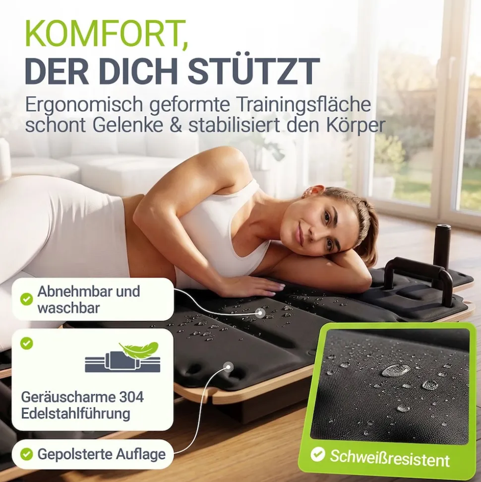 ARTSPORT® Pilates Reformer Board Movea in Schwarz - Ganzkörper-Fitnessgerät mit 6 Trainingsbändern, Mini Reformer inkl. 52 x Trainingsvideos