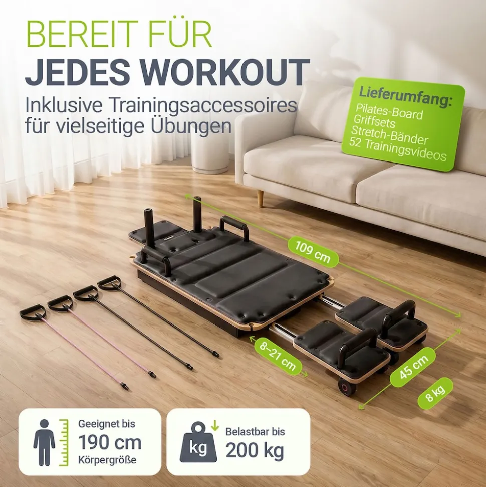 ARTSPORT® Pilates Reformer Board Movea in Schwarz - Ganzkörper-Fitnessgerät mit 6 Trainingsbändern, Mini Reformer inkl. 52 x Trainingsvideos