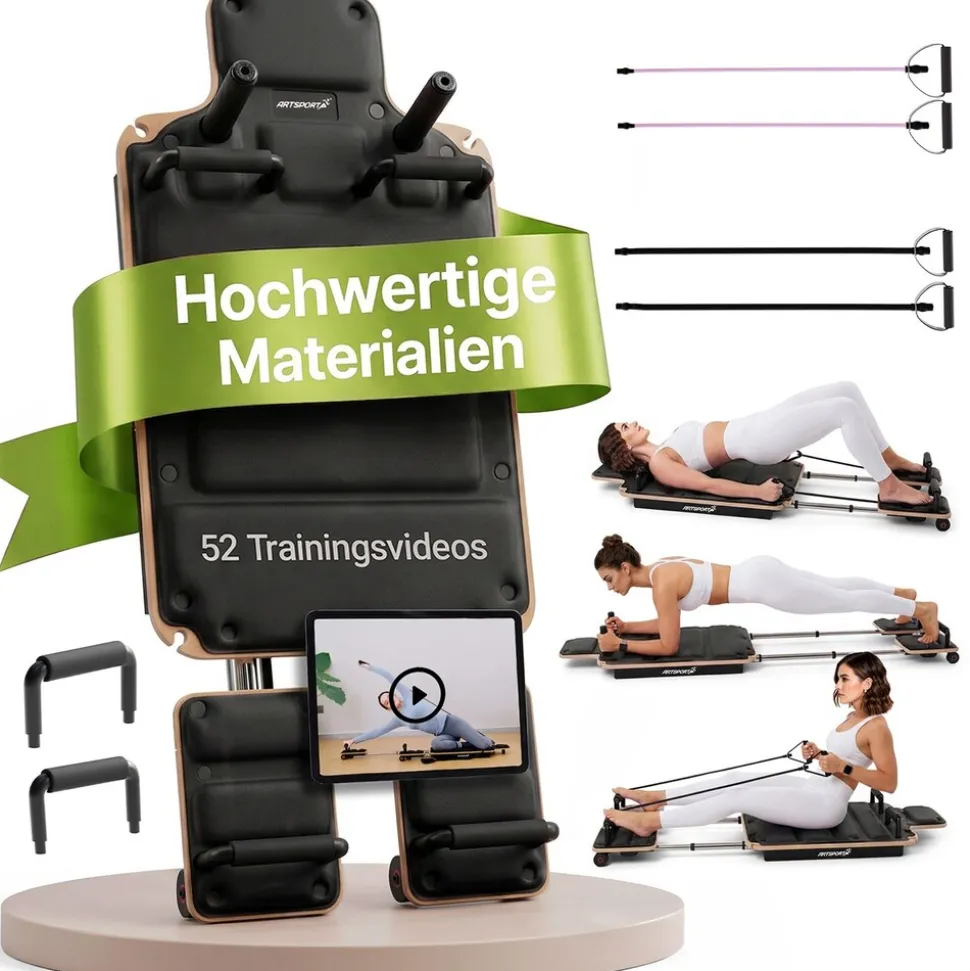 ARTSPORT® Pilates Reformer Board Movea in Schwarz - Ganzkörper-Fitnessgerät mit 6 Trainingsbändern, Mini Reformer inkl. 52 x Trainingsvideos