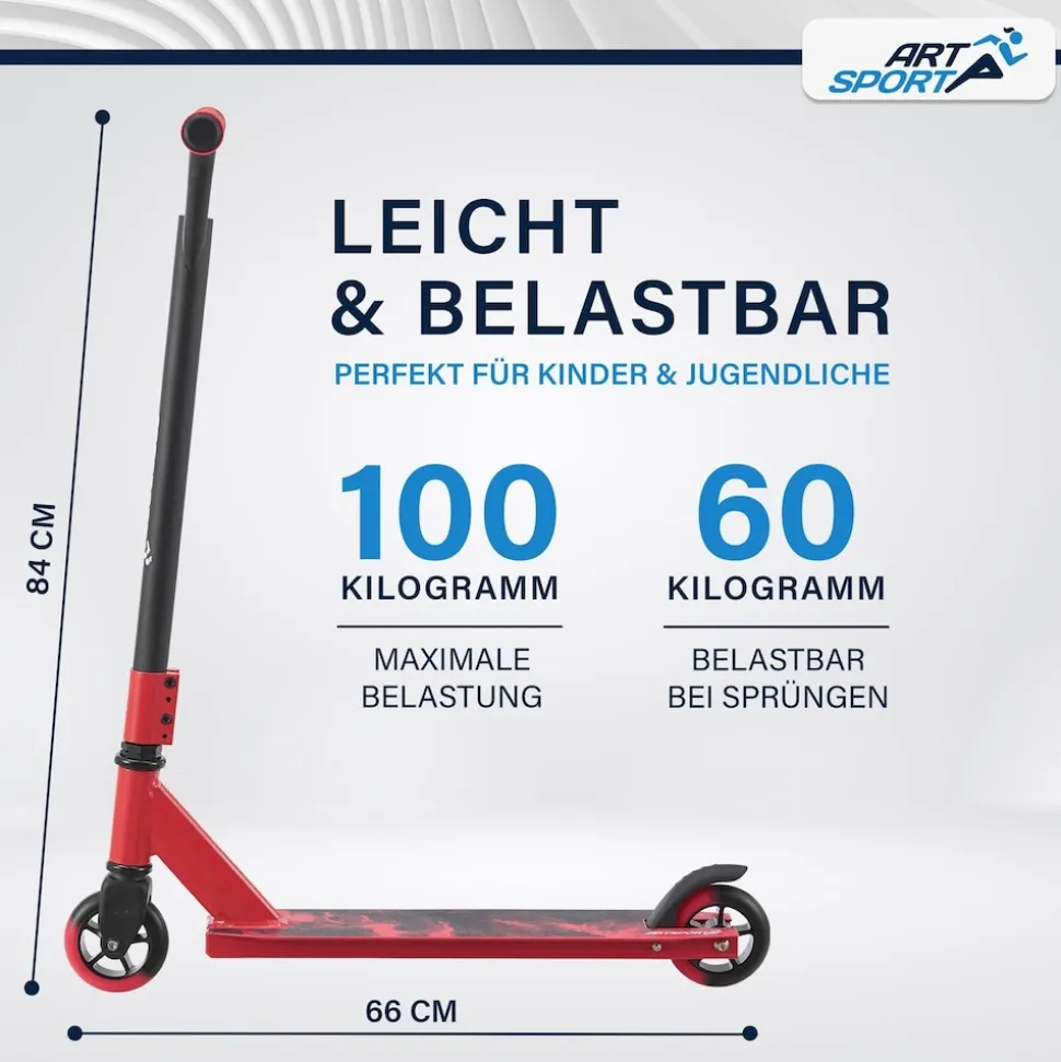 ArtSport Stunt Scooter Red Smoke - Trick Roller für Kinder & Jugendliche - Tretroller Rot Schwarz