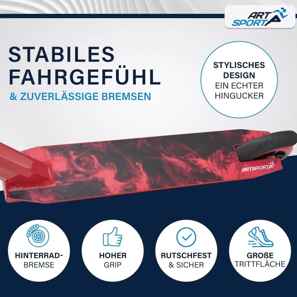 ArtSport Stunt Scooter Red Smoke - Trick Roller für Kinder & Jugendliche - Tretroller Rot Schwarz