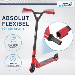 ArtSport Stunt Scooter Red Smoke - Trick Roller für Kinder & Jugendliche - Tretroller Rot Schwarz