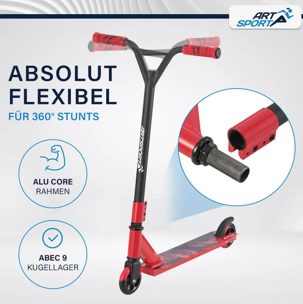 ArtSport Stunt Scooter Red Smoke - Trick Roller für Kinder & Jugendliche - Tretroller Rot Schwarz