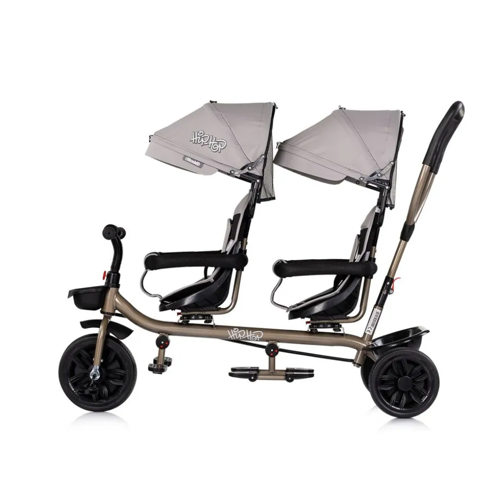 Babyshoppen Geschwisterdreirad Hip Hop, Schiebegriff, Sitze 360° drehbar, Gurte hellbraun
