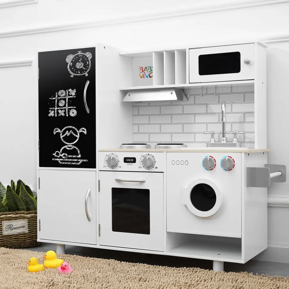 Baby Vivo Kinderküche Spielküche aus Holz - Bruno mit Tafel in Weiß